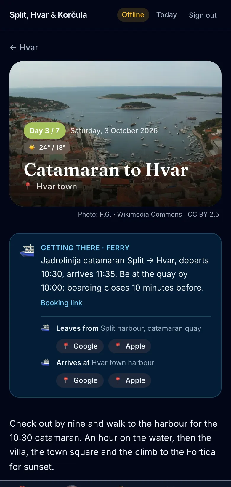 Day 3 of a trip open on a phone marked Offline: the catamaran to Hvar, when it leaves and from which quay.