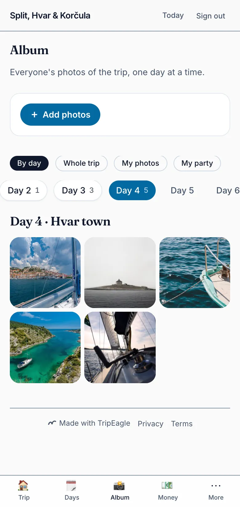 The album open on day 4, the boat day: five photos of coves and sails, with a strip of the trip's other days above.